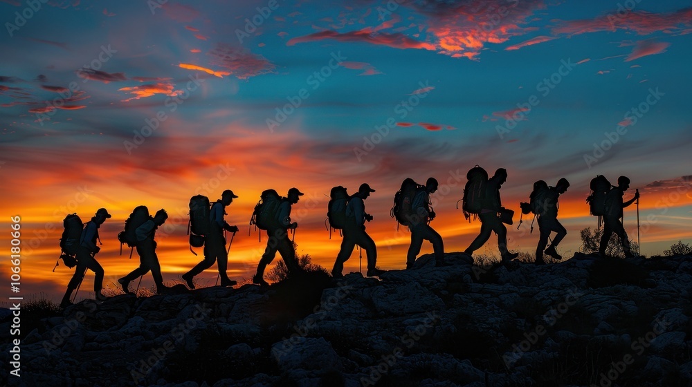 Fototapeta premium Silhouettes of Hikers Ascending a Mountain at Sunset