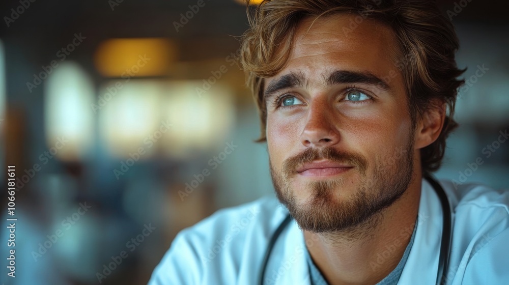 Fototapeta premium Portrait of a young doctor with a stethoscope looking away while thinking about his job.
