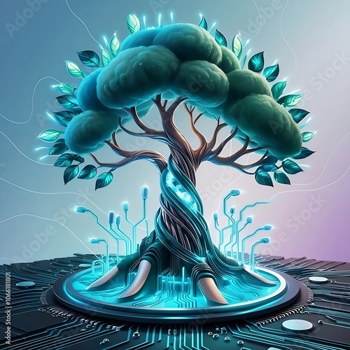 Digital illustration of a tree emerging from a circuit board, representing the blend of nature and technology. This artwork captures the essence of sustainable innovation and technological progress. photo