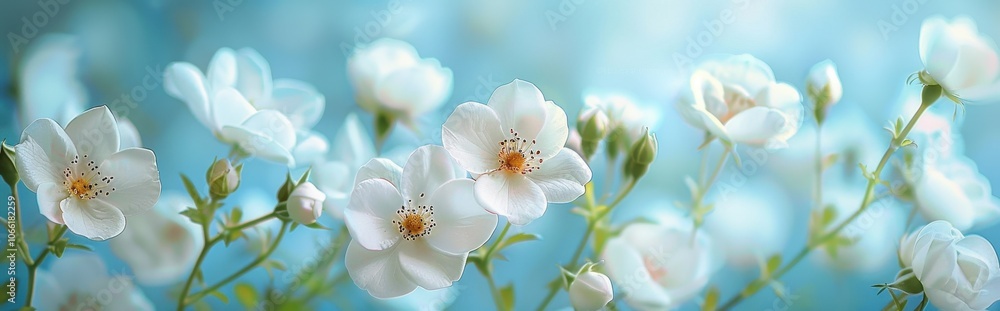 Fototapeta premium Delicate White Roses in Bloom Against a Blue Sky