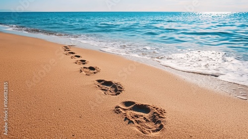 A serene beach scene featuring footprints in soft sand leading towards the calm ocean waves under a clear sky.