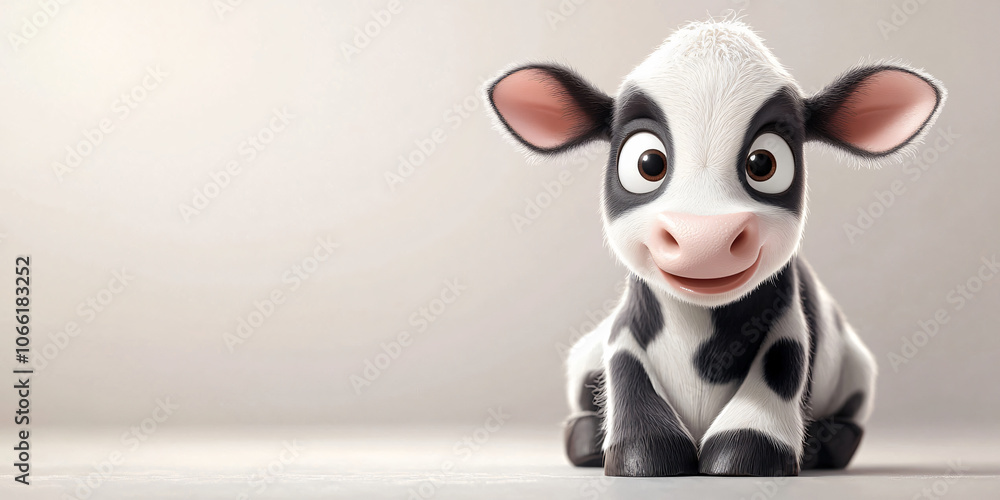 A cute cartoon calf with big brown eyes and a friendly smile sits on a white background. A cute cartoon calf with big brown eyes and a friendly smile sits on a white background.