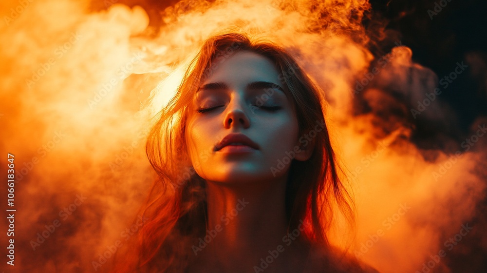 A young woman with closed eyes stands in front of a dramatic, orange and blue smoke background. Her face is illuminated by the light of the smoke, creating a mysterious and ethereal look. A young woman with closed eyes stands in front of a dramatic, orange and blue smoke background. Her face is illuminated by the light of the smoke, creating a mysterious and ethereal look.