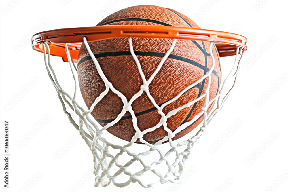 Fototapeta premium basketball is going through net of basketball hoop, showcasing excitement of game. vibrant orange rim contrasts with textured surface of ball, creating dynamic image