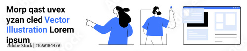 Two team members in blue attire pointing and discussing with a website interface on the right. Ideal for tech, web design, teamwork, presentation, strategy, development, concepts. Banner for landing