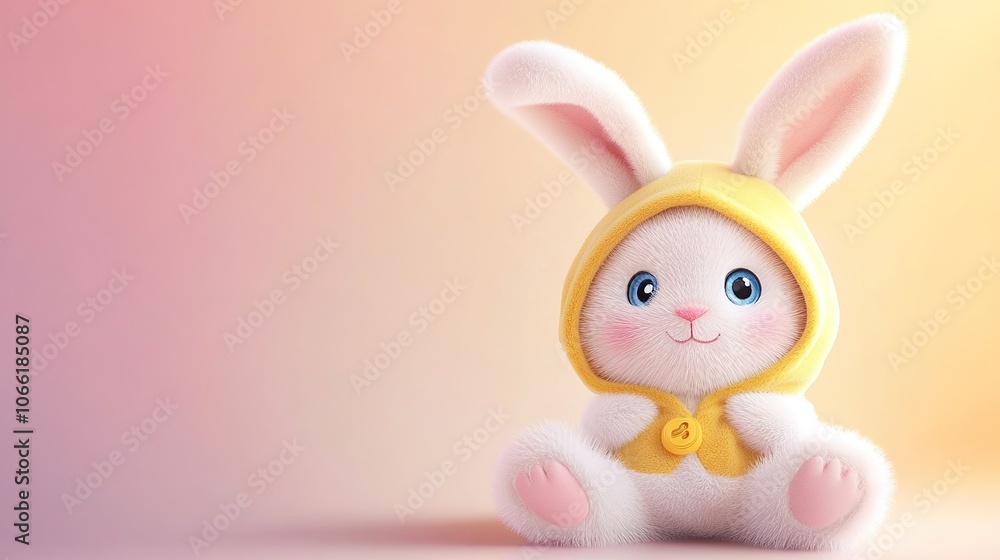 Fototapeta premium Cute White Bunny with Yellow Hood and Plush Fabric Body in Cozy Setting - Product Image