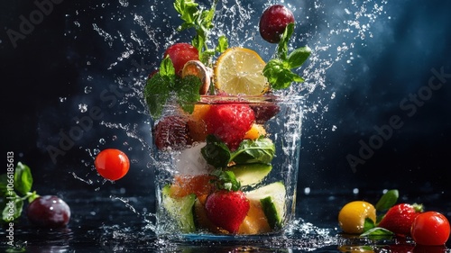 Fresh fruit and vegetables in a jar with water splashing.