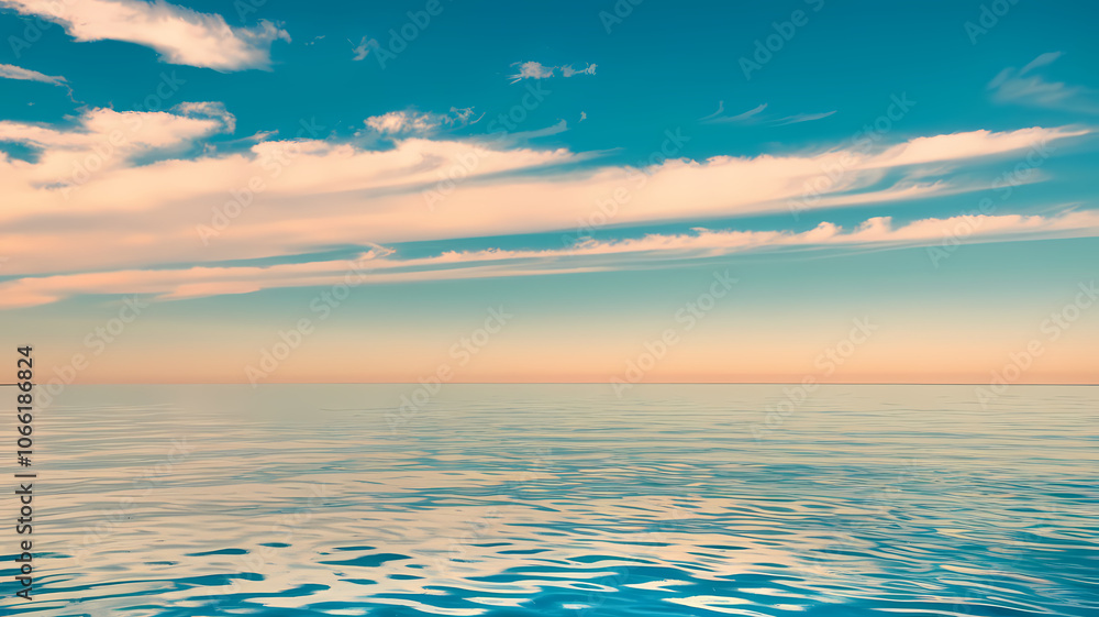 Naklejka premium Serene ocean view with calm waters reflecting a blue sky and soft clouds, creating a peaceful coastal landscape. Perfect for relaxation and nature enthusiasts.
