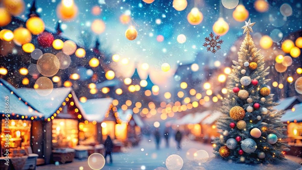 Festive Christmas Tree Amidst a Blur of Warm Lights and Snowfall in a Winter Wonderland Festive Christmas Tree Amidst a Blur of Warm Lights and Snowfall in a Winter Wonderland