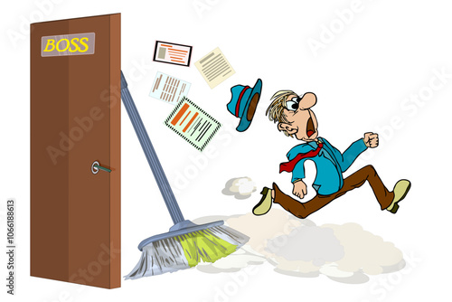 Boss with employee. Officer and flying pages of documents or reports. Company boss lay off employee. Rejected finance reports. Conflicts at work. Personnel management. Stock vector illustration