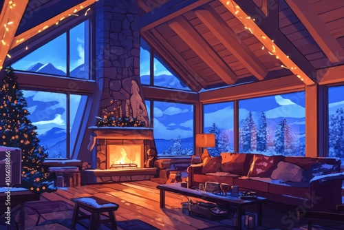 Cozy ski lodge with a crackling fireplace and snowy windows. Cozy vibe, Generative AI 