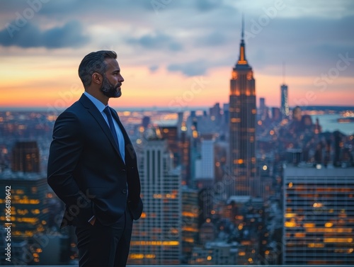 Businessman in a suit standing against a city skyline at sunset. photo