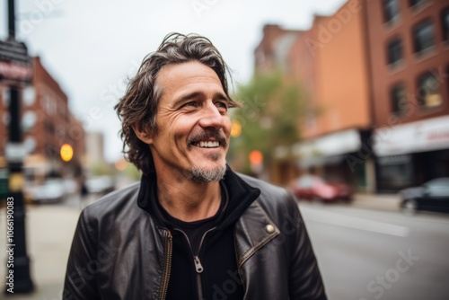 Handsome middle-aged man with gray hair, wearing a black leather jacket, standing in a city street, smiling.