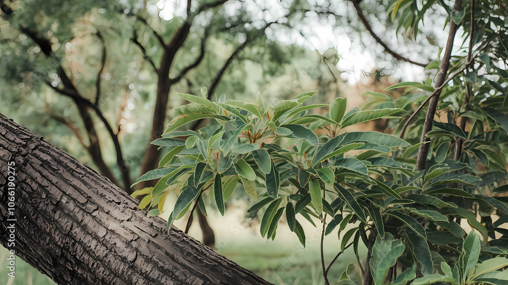 Fototapeta premium Close-up of lush green leaves against a textured tree trunk in a serene natural setting, showcasing vibrant foliage and soft lighting in a tranquil outdoor environment.