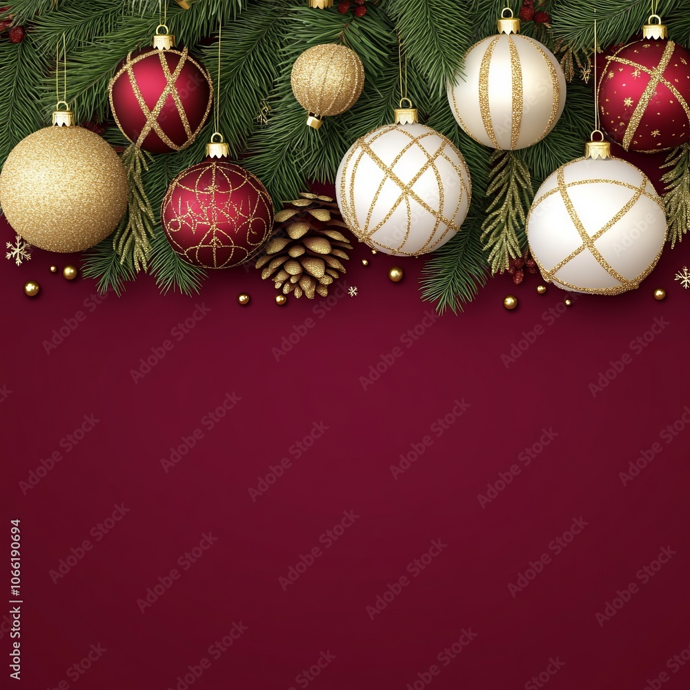 Red and gold Christmas ornaments with pine branches and a pine cone on a maroon background. Red and gold Christmas ornaments with pine branches and a pine cone on a maroon background.