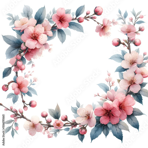 흰 배경, 벚꽃 프레임, 테두리, 수채화 (White background, cherry blossoms frame, border, water colour)