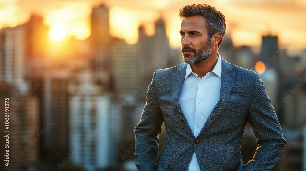 Fototapeta premium Confident man in a suit against a city skyline at sunset.