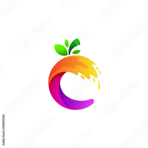 C logo, fresh fruit icon with forming the letter C, vitamin C