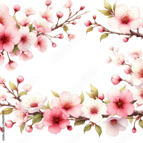 흰 배경, 벚꽃 프레임, 테두리, 수채화 (White background, cherry blossoms frame, border, water colour)