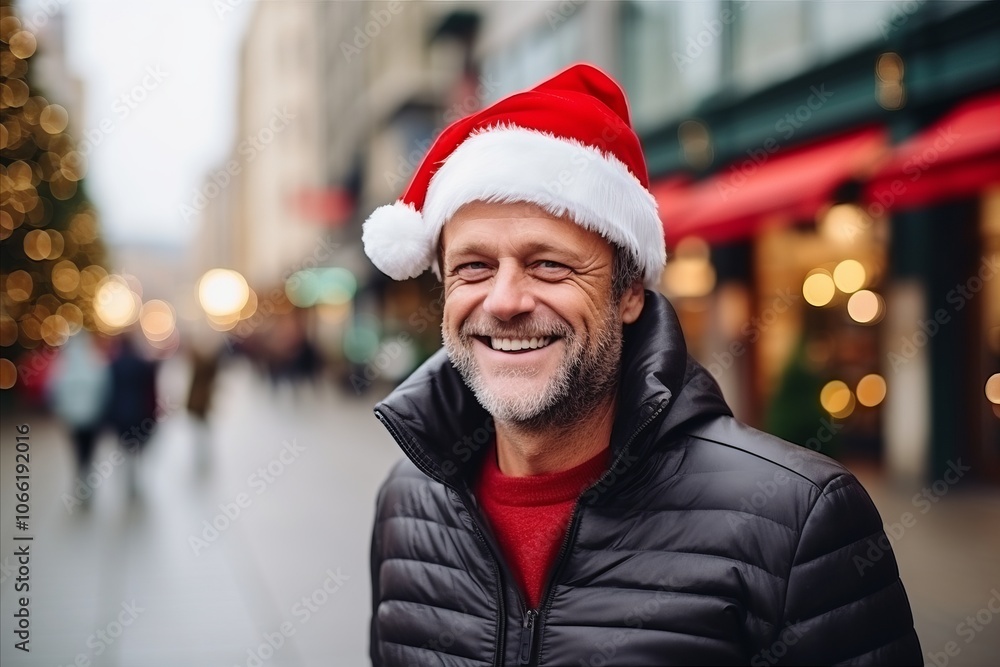 Portrait of smiling man in santa hat on christmas street Portrait of smiling man in santa hat on christmas street