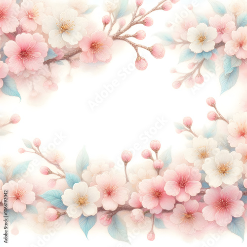 흰 배경, 벚꽃 프레임, 테두리, 파스텔화 (White background, cherry blossoms frame, border, pastel painting)