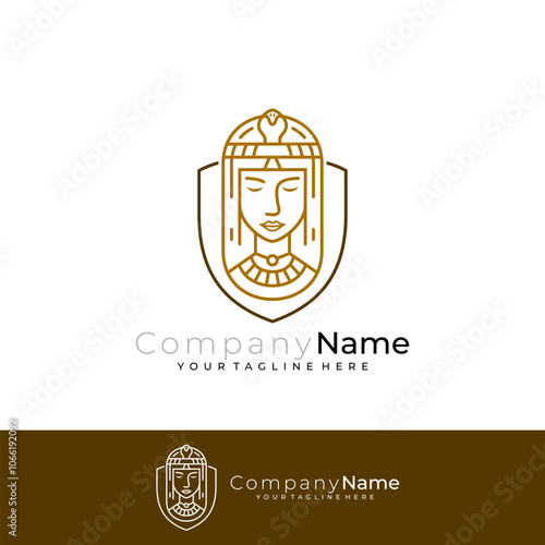 cleopatra icon inside shield in line style, beautiful woman logo