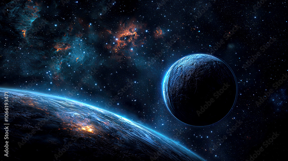 Obraz premium This breathtaking display in deep space captures distant planets against a backdrop of shimmering stars and colorful cosmic dust, revealing the wonders of the universe.
