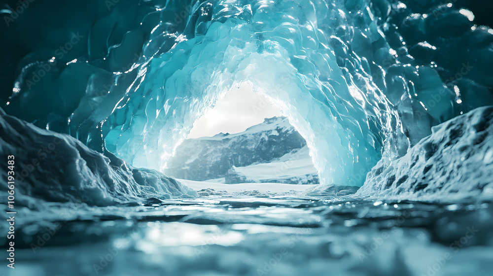 Fototapeta premium Ethereal ice cavern landscape with dreamy frozen setting. Dreamscape. Illustration