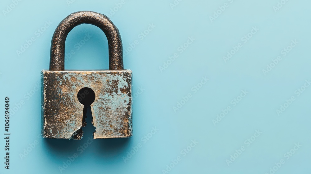 Old locked padlock with rust on a solid blue background symbolizing low secure Old locked padlock with rust on a solid blue background symbolizing low secure