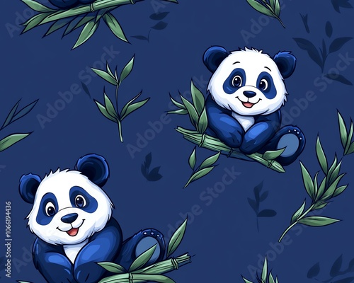 Cute blue panda bears sitting on bamboo branches on a dark blue background. photo