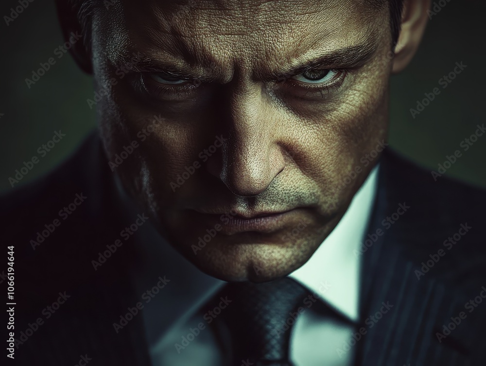 Fototapeta premium Portrait of a serious man in a suit with intense expression and dark background.