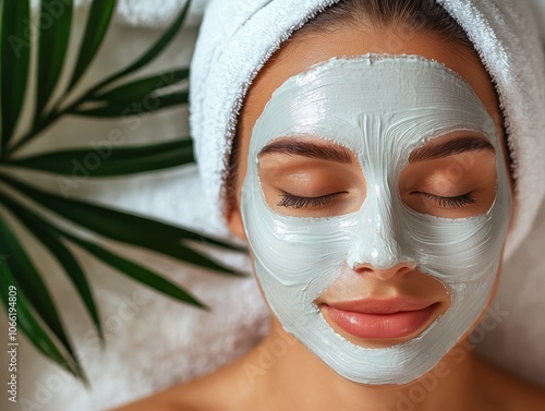 Relaxing skincare treatment with a clay mask, woman with towel, green leaves. photo