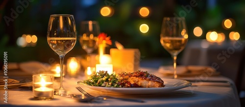 A romantic dinner for two with a candlelit setting.  Two glasses of white wine, a plated meal with fish and salad, and a warm candlelight glow.