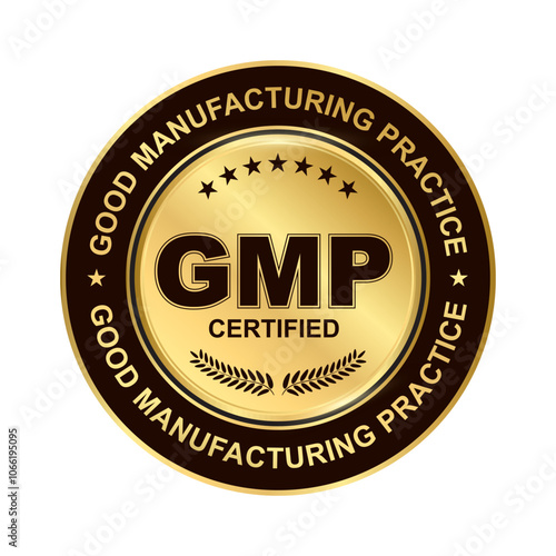 GMP Certified label ,Good Manufacturing Practice Gold Round Circle shiny sticker Badge with stars and laurel wreath, Supplement, Quality Control, Medical And Health Design Element Vector Illustration