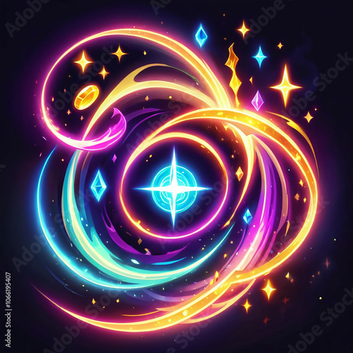 A swirling vortex of neonlike energy, featuring a central starburst with multiple rays. Surrounding it are swirling lines of blue, yellow, and pink. Small stars and gems are scattered around the out photo