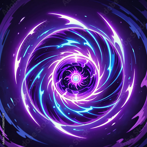 A swirling vortex of energy, composed of deep purple, vibrant blue, and bright white streaks, surrounding a central orb with a glowing blue eye and a pink starburst pattern.
