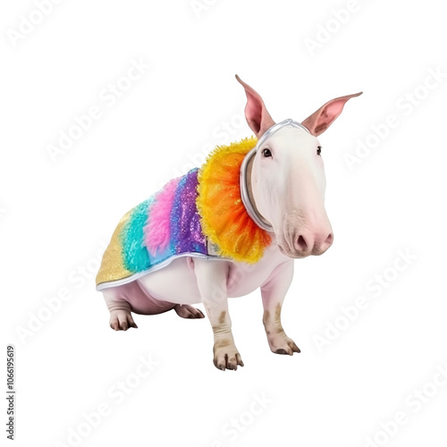 White Bull Terrier Dog Wearing a Rainbow Costume photo