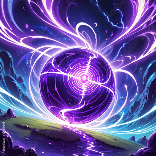 A large, dark sphere pulsates with violet energy, surrounded by swirling, white tendrils that stretch across a grassy landscape with purpletinged water. The sphere emanates a bright, white glow in its