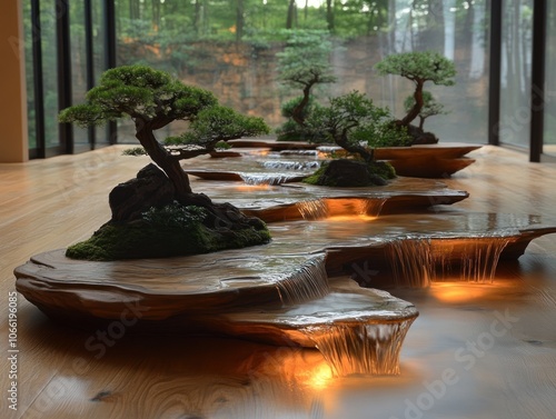 Bonsai Tree and Cascading Water Feature on Wooden Platform photo