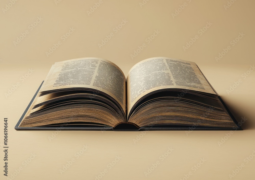 Obraz premium Open Book with Yellowed Pages and Black Cover on Beige Background