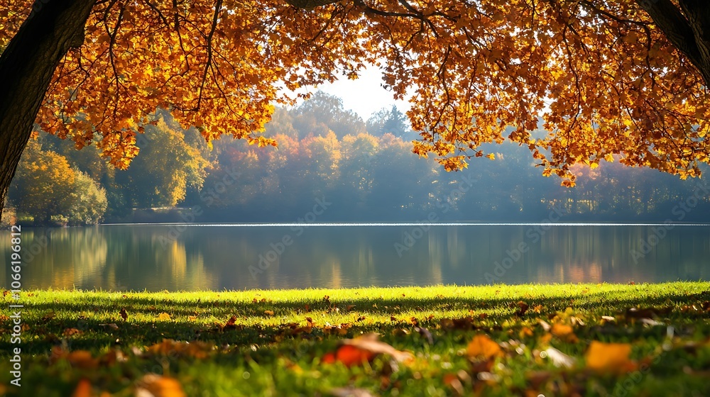 Obraz premium Autumnal Lake Scene Viewed from Underneath a Tree
