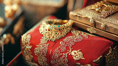 A gold necklace with green gems sits on a red box with intricate gold designs