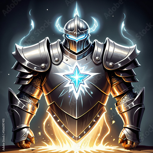 A silver knight, clad in shining armor, stands with a glowing aura around him. A large, bright star is emblazoned on his chest, radiating light. His helmet features a pointed crest, and he seems to ha photo