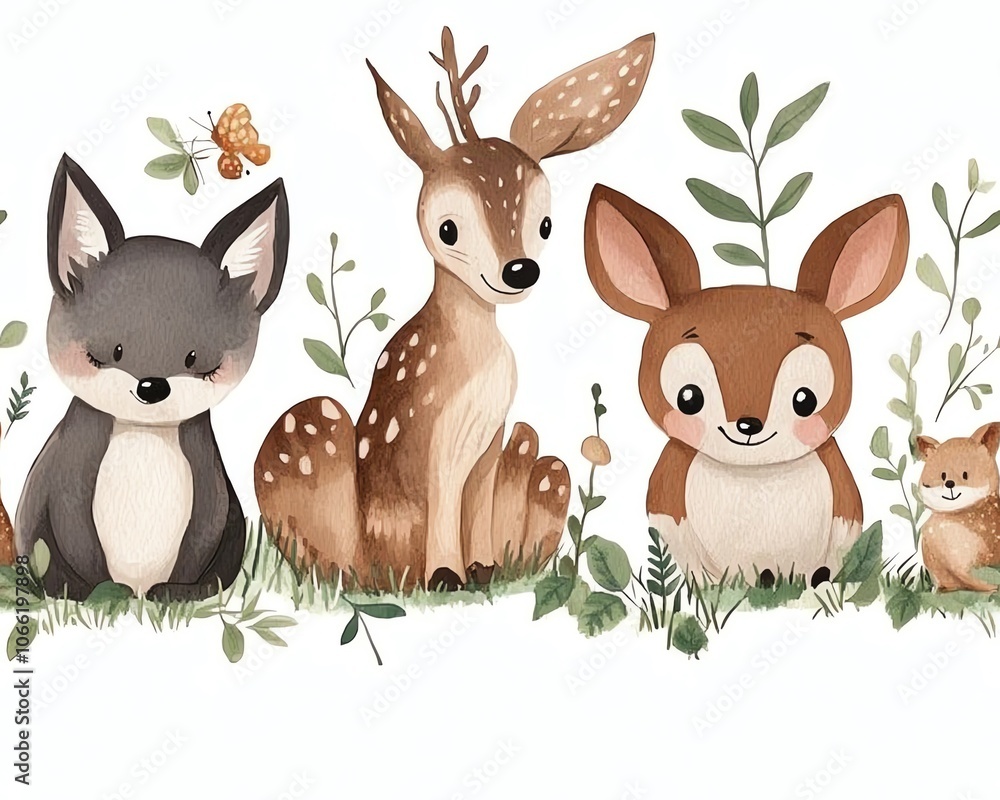 Fototapeta premium Cute woodland animal seamless pattern with fox, squirrel, deer, bird, and mushroom illustrations.