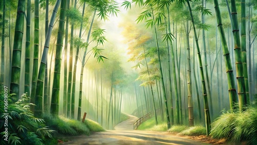 A Serene Path Through a Dense and Lush Bamboo Forest, Bathed in the Gentle Glow of Morning Light