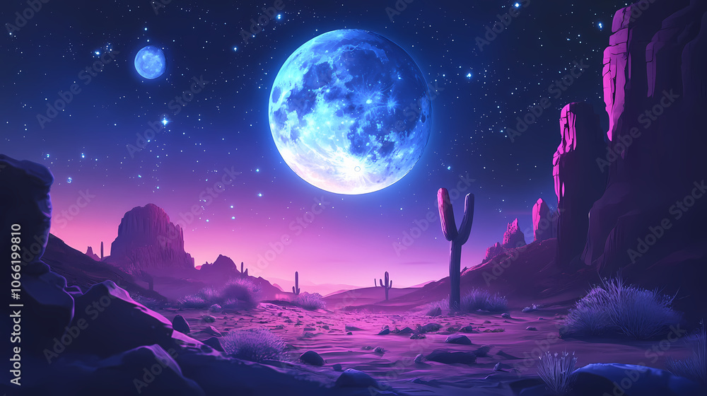 Fototapeta premium Magical dreamscape full moon in the desert - generated by generative ai. Dreamscape. Illustration
