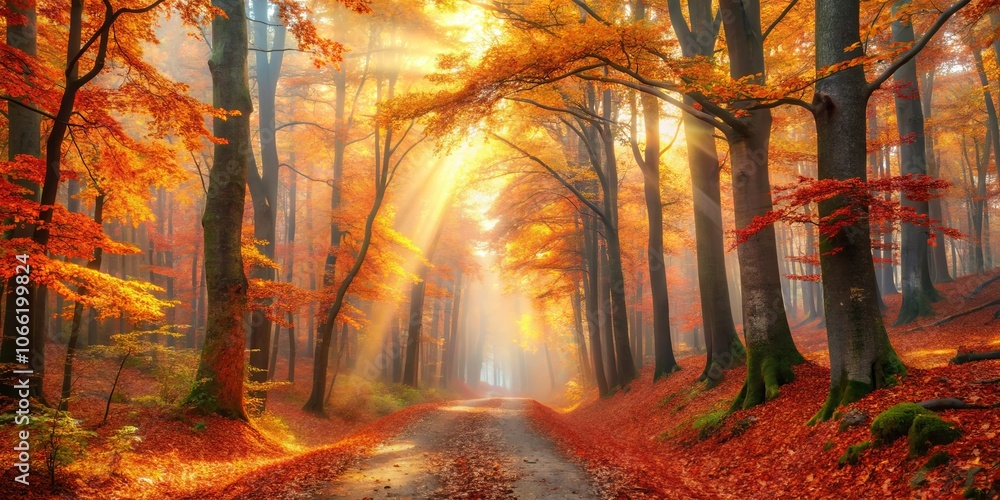 Fototapeta premium A Path Through Golden Autumn Woods, Lit By The Sun's Rays, Filtering Through Fog And Crimson Leaves