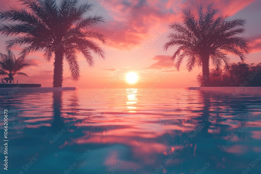 Obraz premium Silhouetted Palm Trees Reflecting in a Calm Pool at Sunset