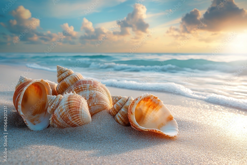 Seashells on a Sandy Beach at Sunset Seashells on a Sandy Beach at Sunset