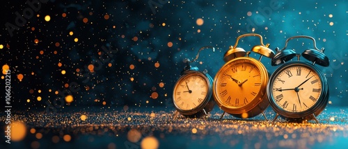 Colorful alarm clocks on a blurred background with bokeh lights. photo